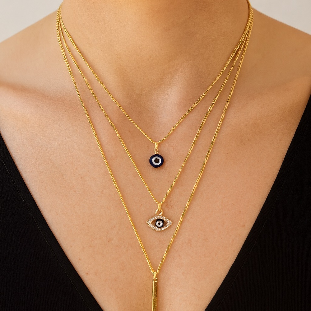 Tri-chain goldtone necklace evil eye charms 17” new without tag